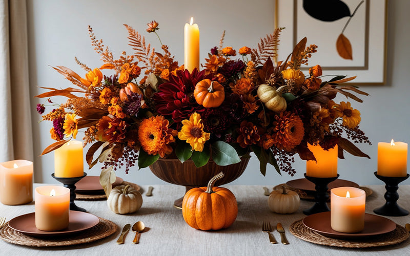 Autumnal flower arrangement with candles and pumpkins on a table