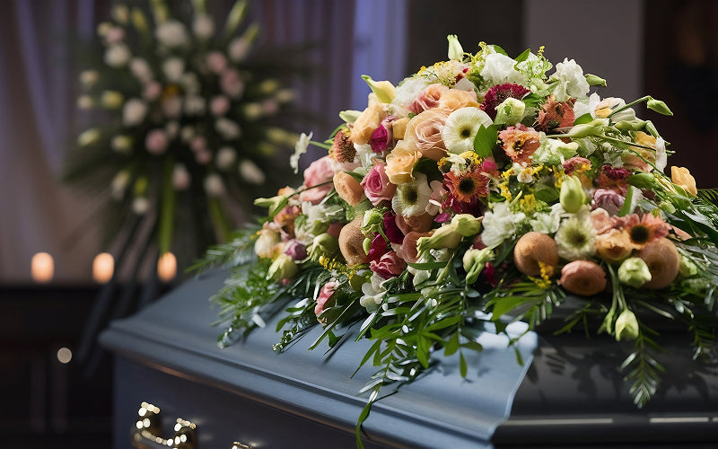 Colorful floral casket spray for a funeral service with wreaths.