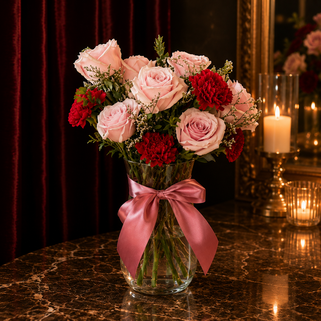Blissmoor Kiss (Pink Roses, Lavender, Red Carnations) | Flower Vase Arrangement