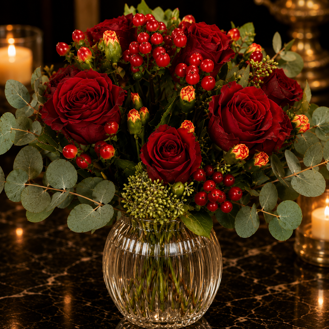 Crimson Ember (Roses, Hypericum Berries, Eucalyptus Leaves) | Flower Vase Arrangement