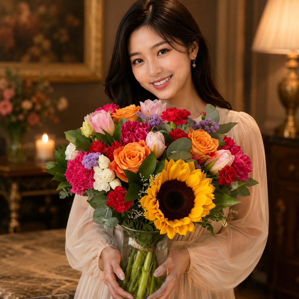 Golden Waltz (Sunflowers, Tulips, Roses, Carnations) | Vase Flower Arrangement