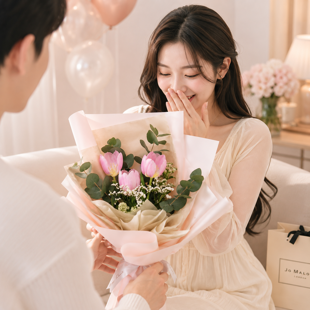 Blush Affair (Tulips, Baby's Breath) | Flower Bouquet