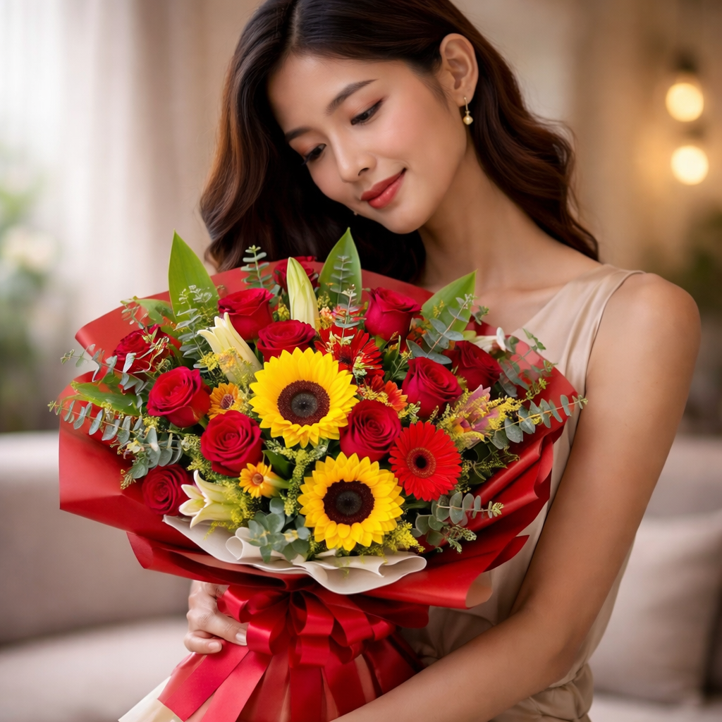 Crimson Solstice (Sunflowers, Roses, Gerberas) | Fresh Flower Bouquet