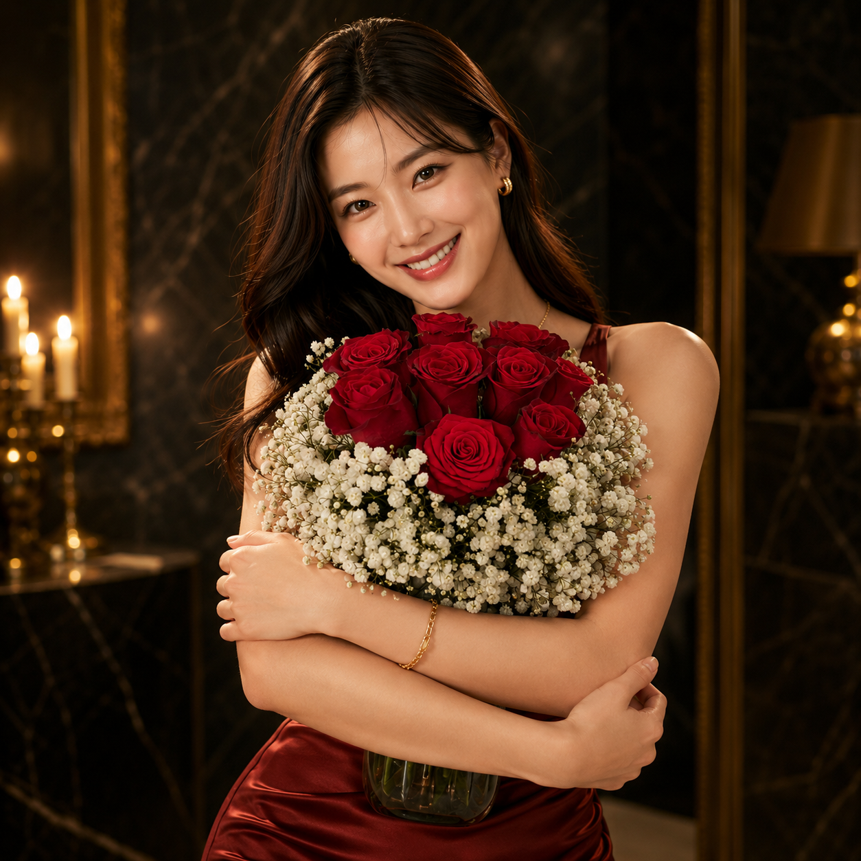 Velvet Charm (Red Roses, Baby's Breath) | Flower Vase Arrangement