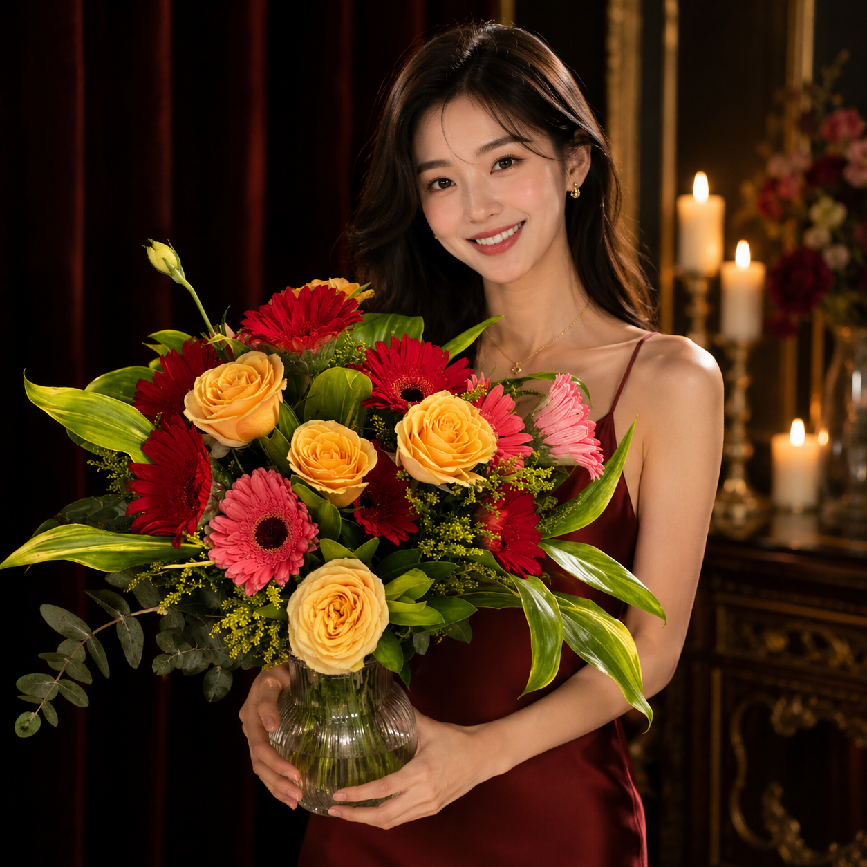 Citrus Flame (Roses, Gerberas) | Flowers in Vase