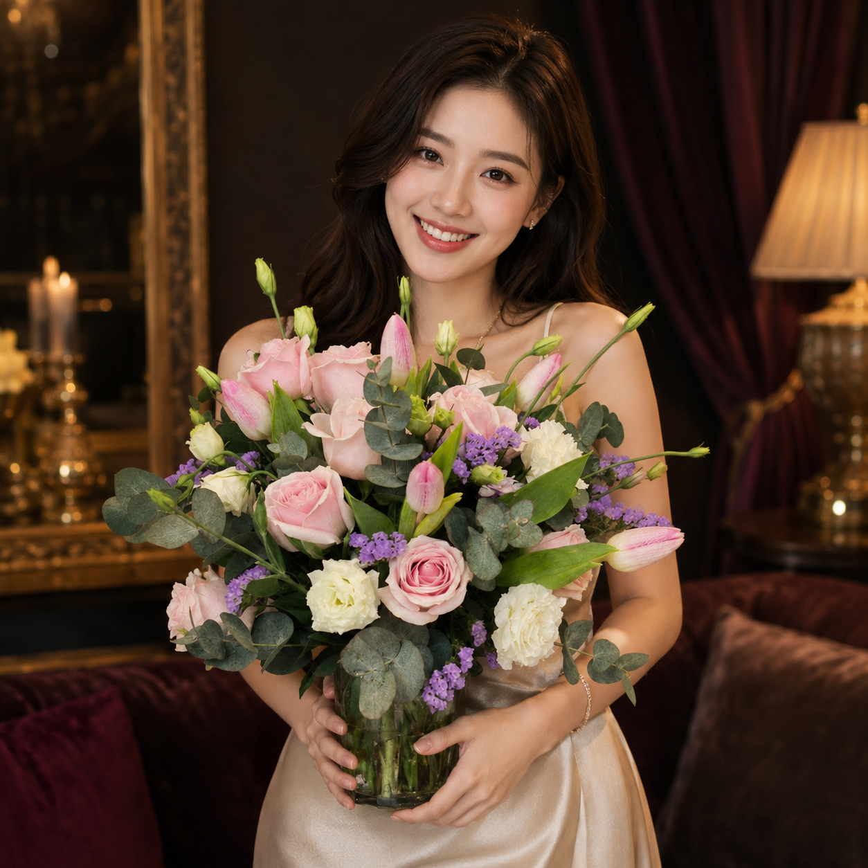 Velin Whisper (Lisianthus, Lilies)| Flowers in Vase