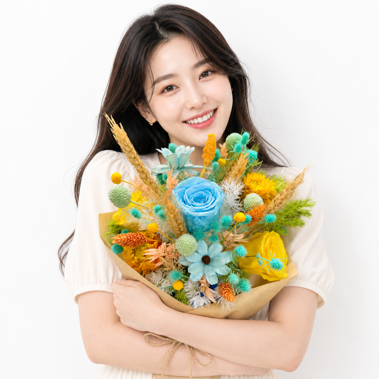 Coastal Harmony (Blue Roses, Wheat) | Preserved Flower Bouquet