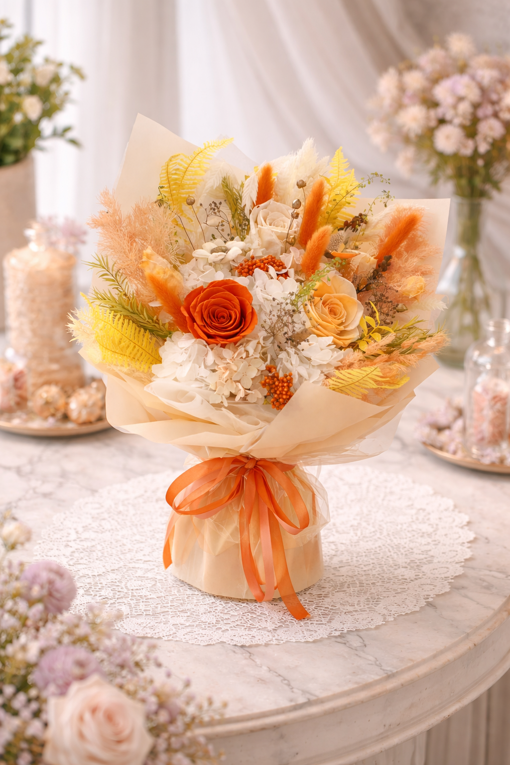 Apricot Muse (Roses, Hydrangea, Bunny Tail) | Preserved Flower Bouquet