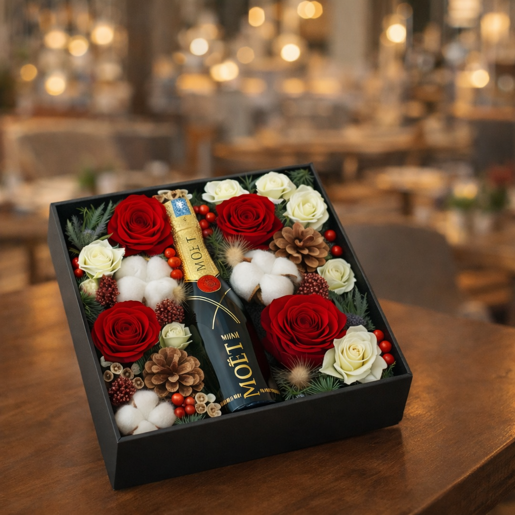 Crimson Toast (Roses, Cotton, Pinecones) | Gift Box