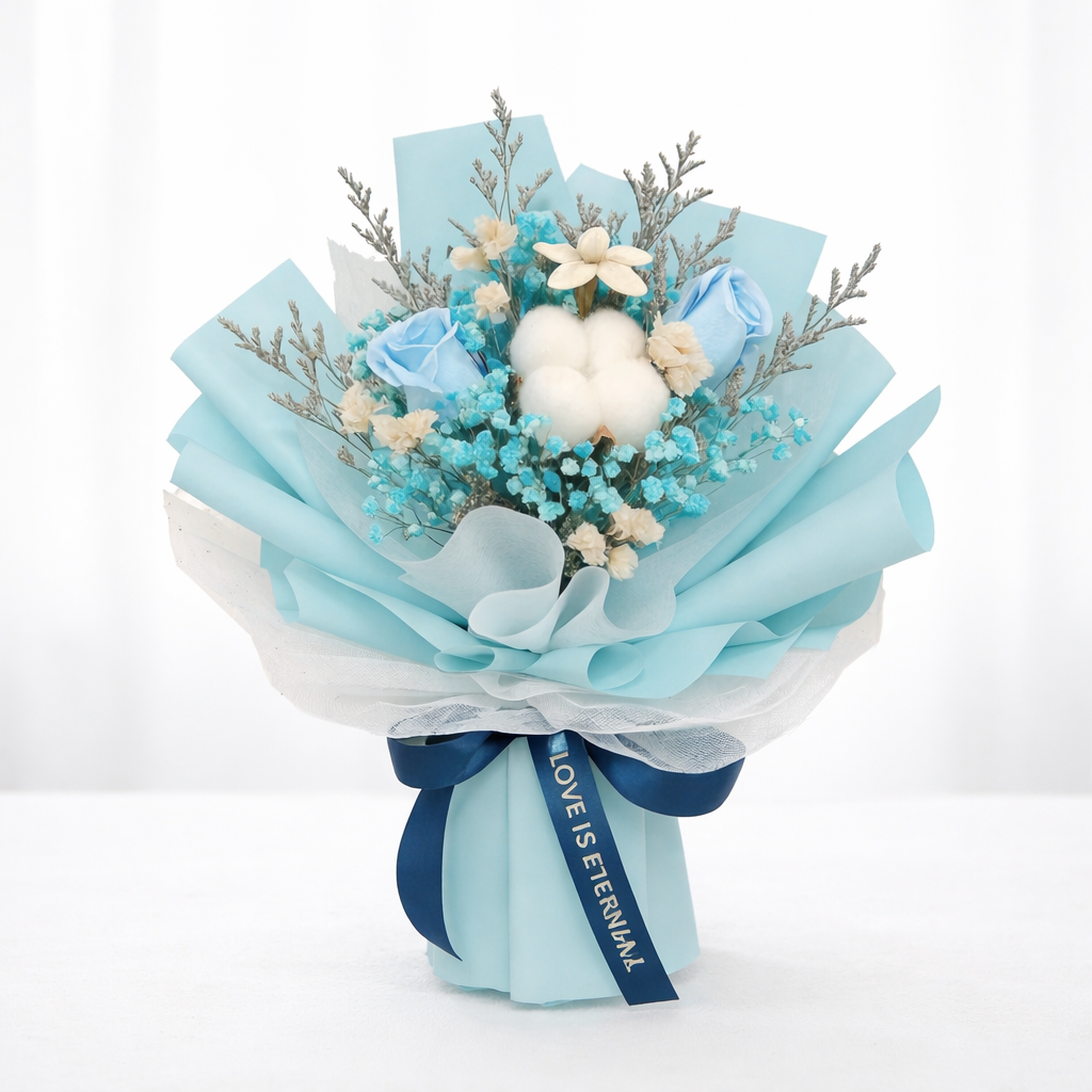 Arctic Embrace (Blue Roses, Cotton, Lavender) | Preserved Bouquet