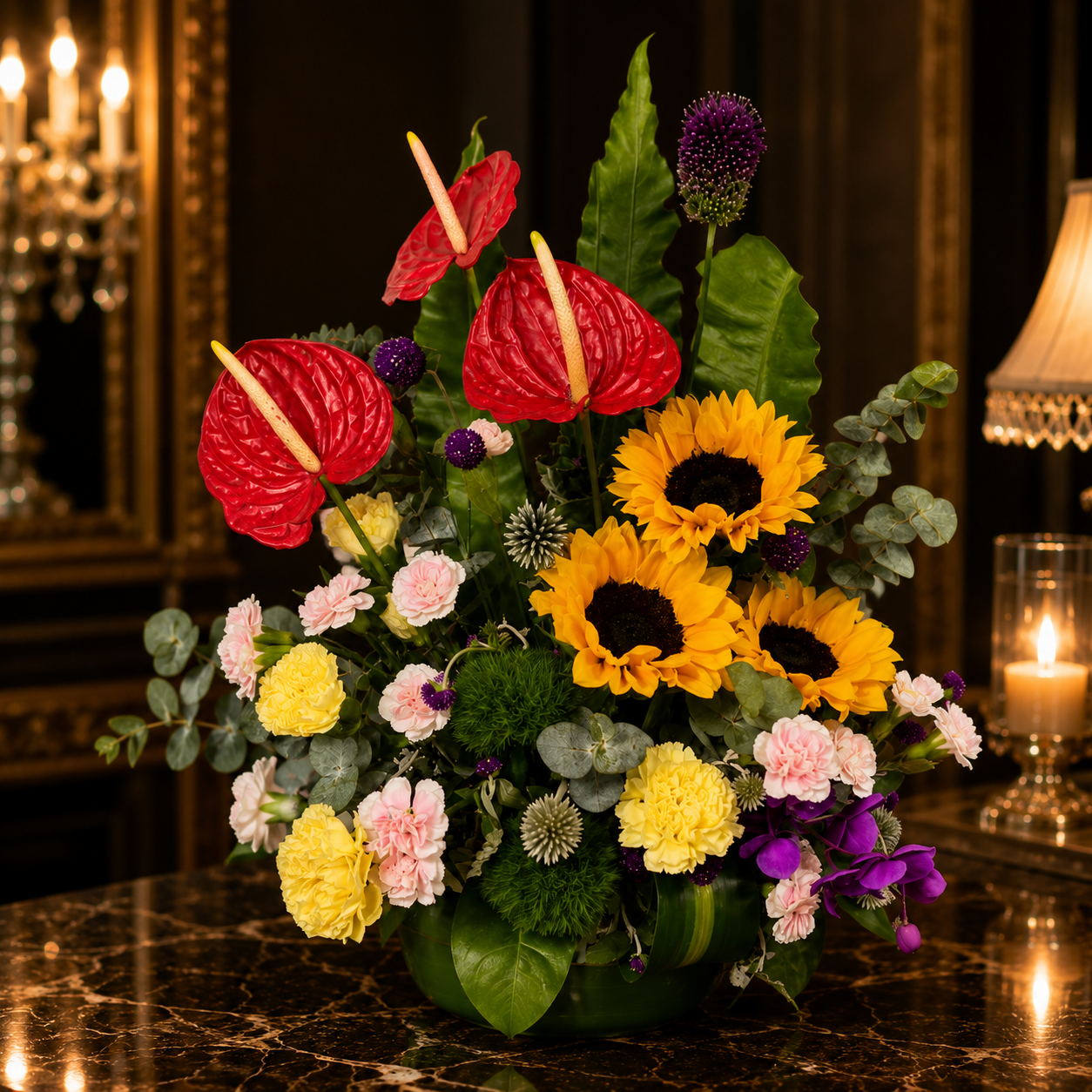Savannah Bloom (Sunflowers, Anthurium, Carnations, Ferns) | Flower Vase Arrangement