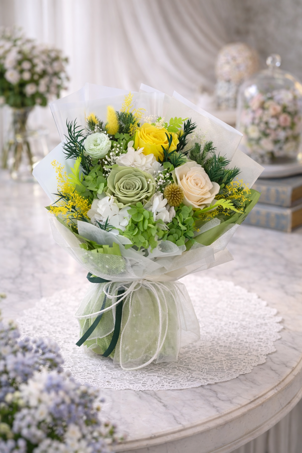 Citrus Meadow (Hydrangea, Wheat, Roses) | Preserved Flower Bouquet