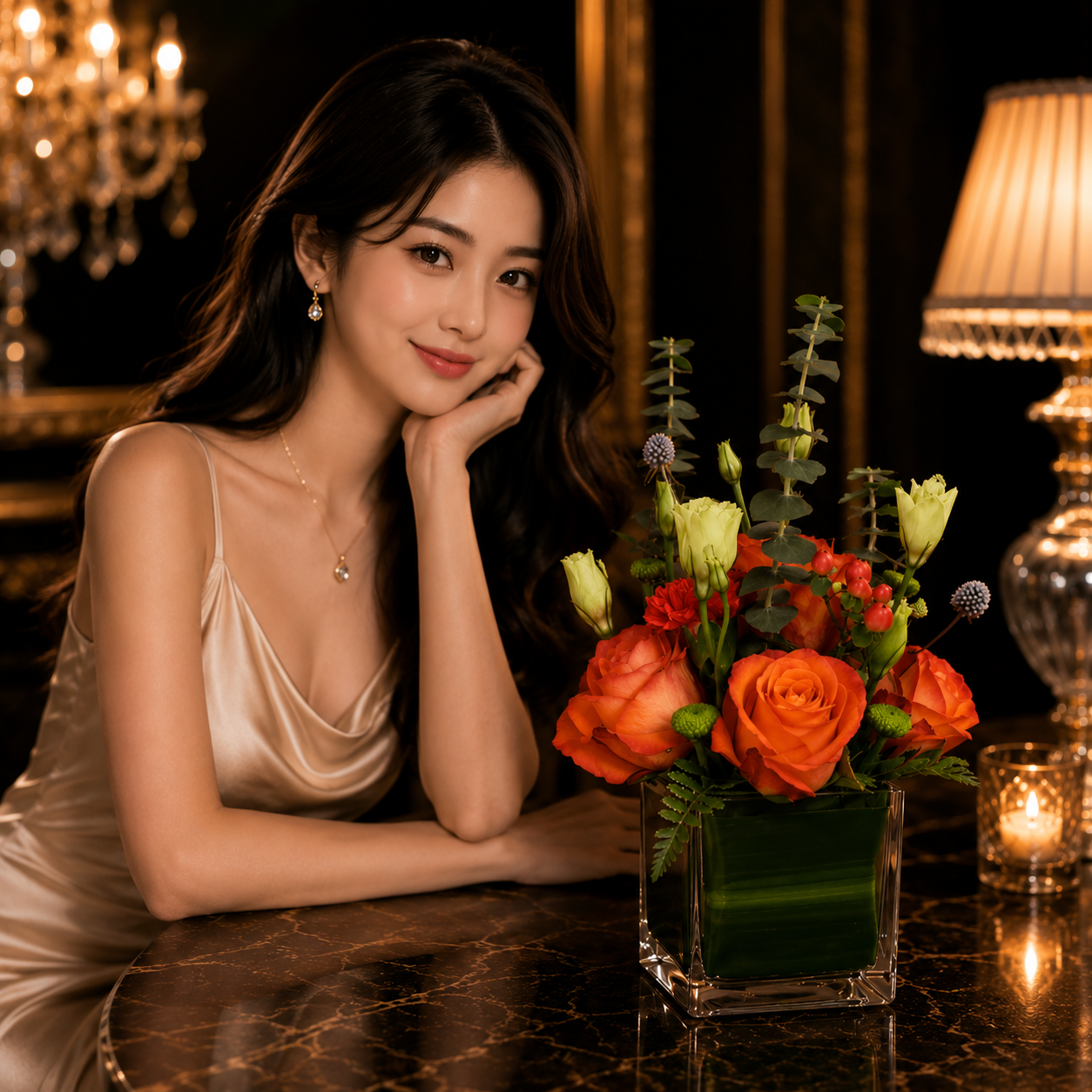 Sunset Charm (Orange Roses, Red Carnations) | Flowers in Vase