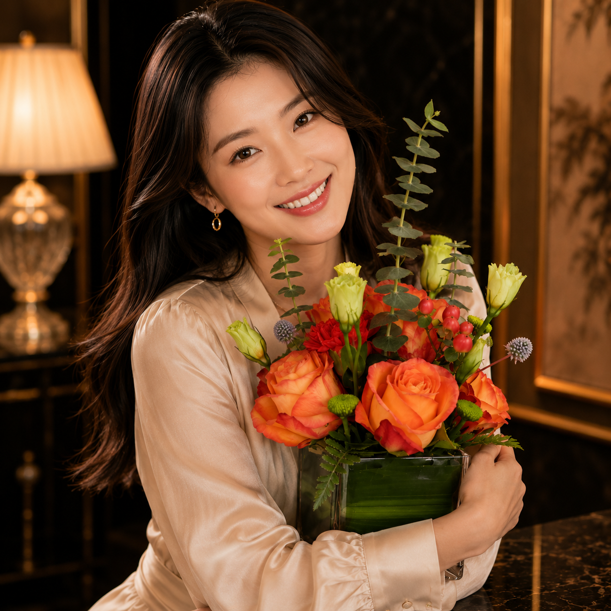 Sunset Charm (Orange Roses, Red Carnations) | Flowers in Vase