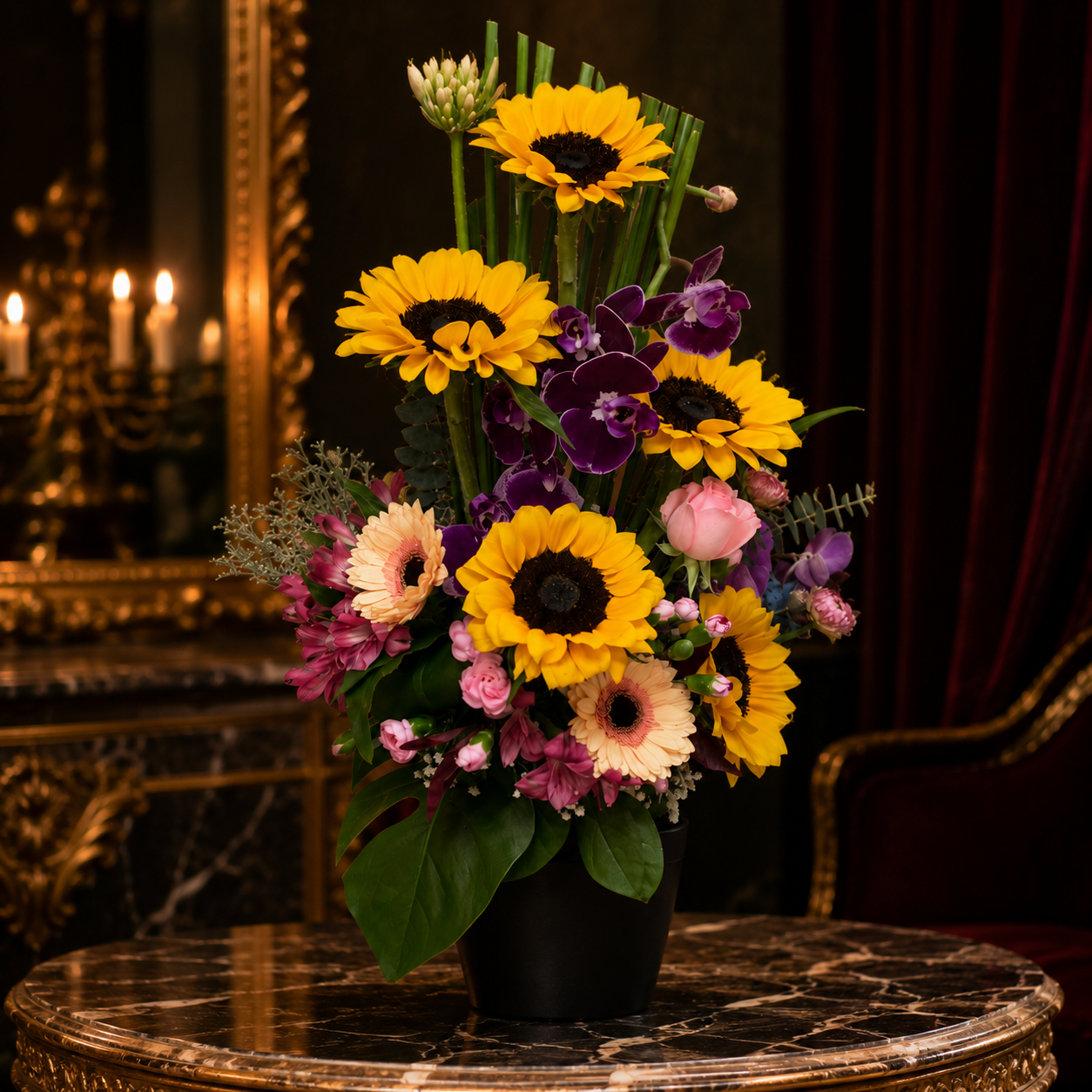 Golden Uplift (Sunflowers, Orchids) | Flowers in Vase