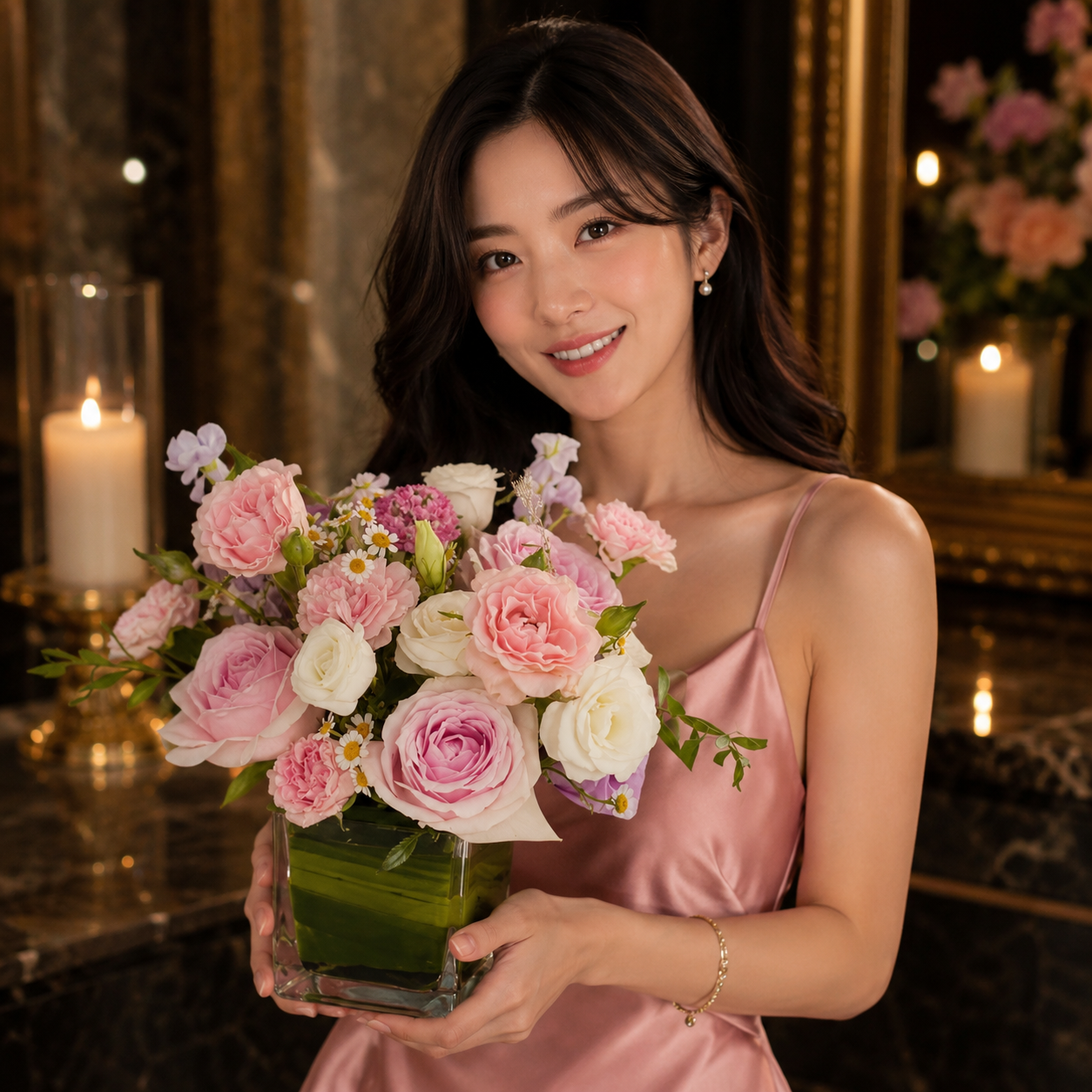 Blush Aura (Pink Roses, White Roses, Chamomile) | Flower Vase Arrangement