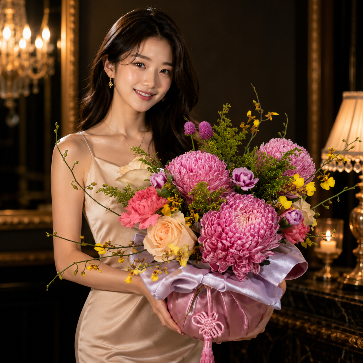 Silken Dawn (Chrysanthemums, Onicidiums, Roses) | Flower Vase Arrangement