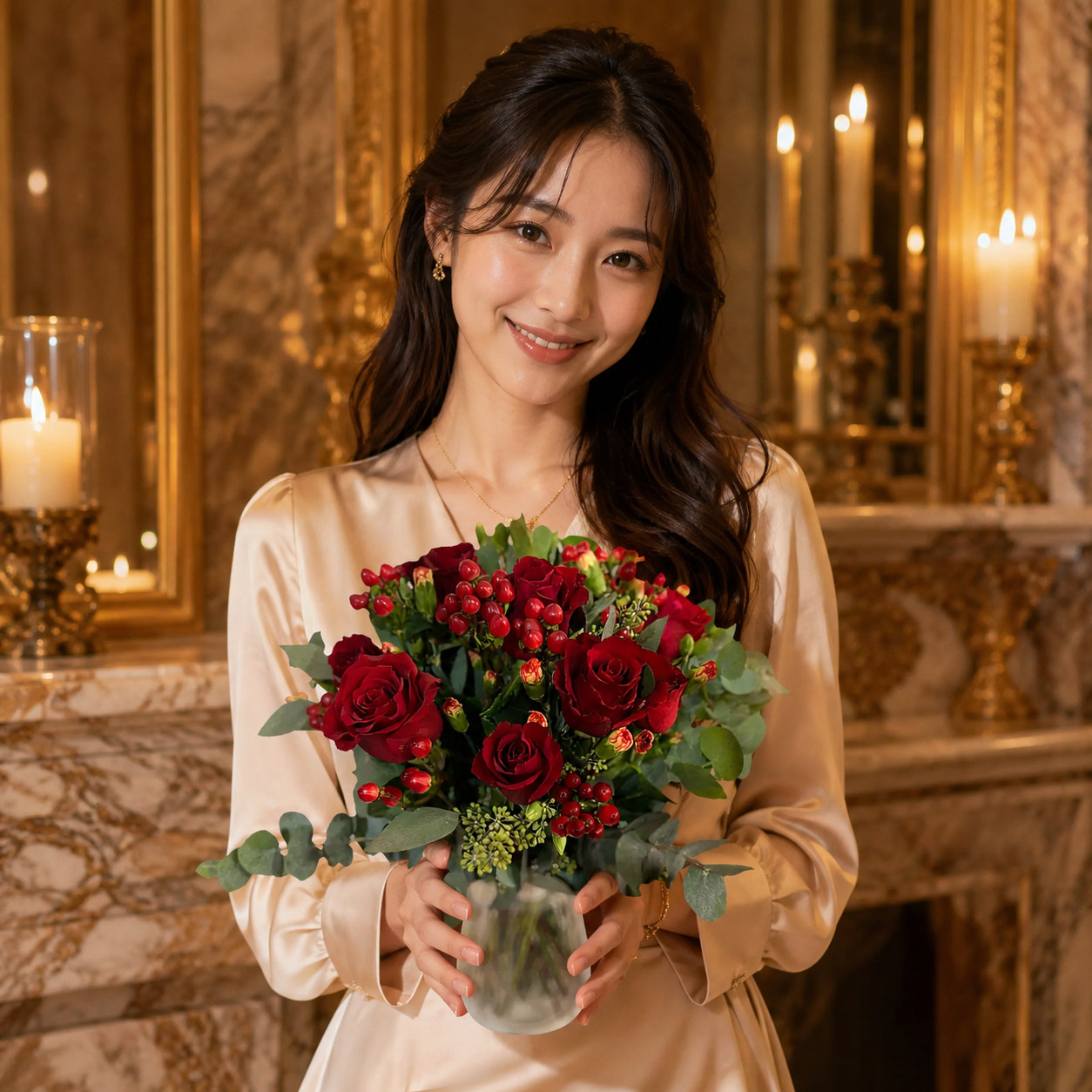 Crimson Ember (Roses, Hypericum Berries, Eucalyptus Leaves) | Flower Vase Arrangement