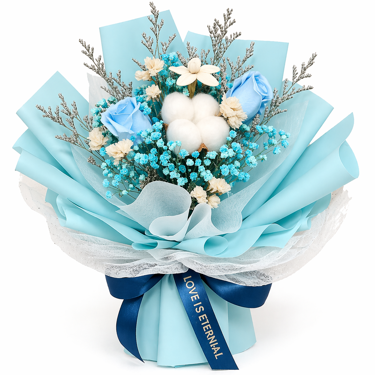 Arctic Embrace (Blue Roses, Cotton, Lavender) | Preserved Bouquet