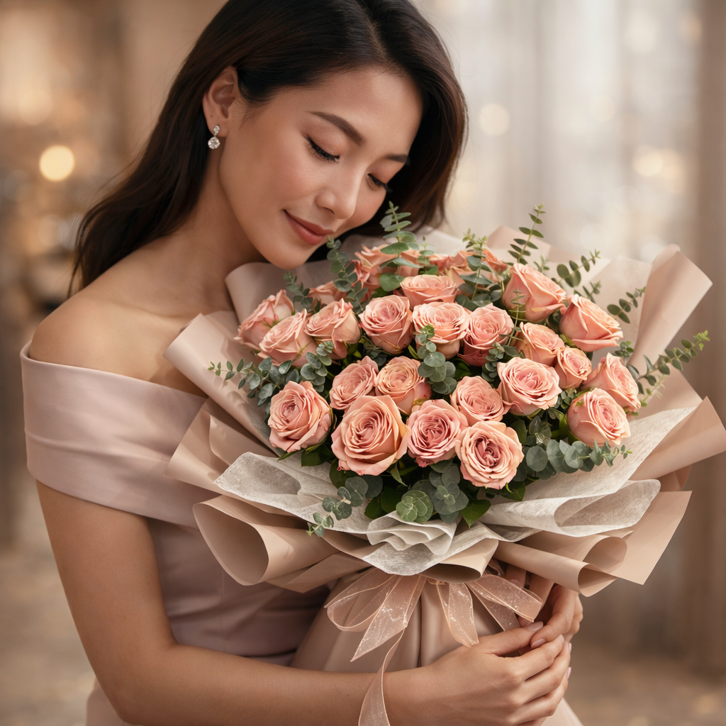 Apricot Waltz (Roses, Eucalyptus) | Fresh Flower Bouquet