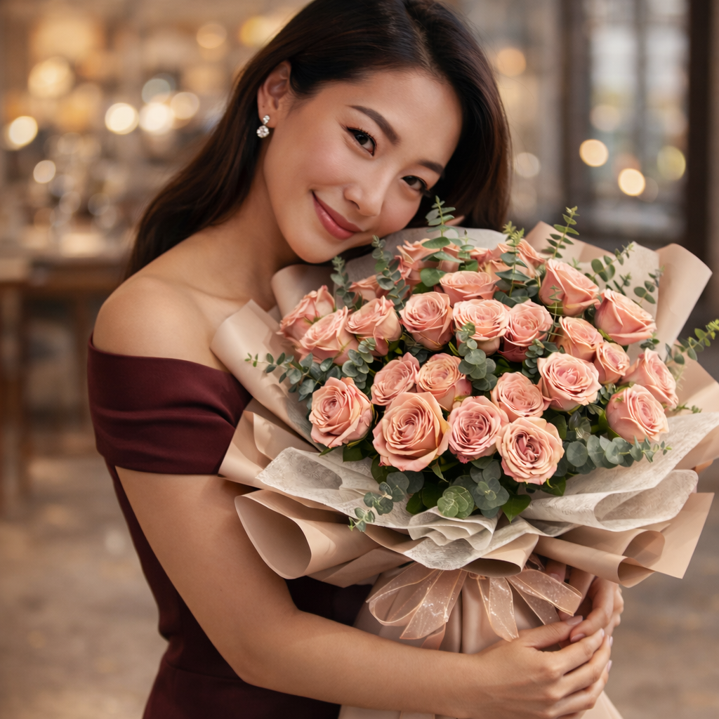 Apricot Waltz (Roses, Eucalyptus) | Fresh Flower Bouquet