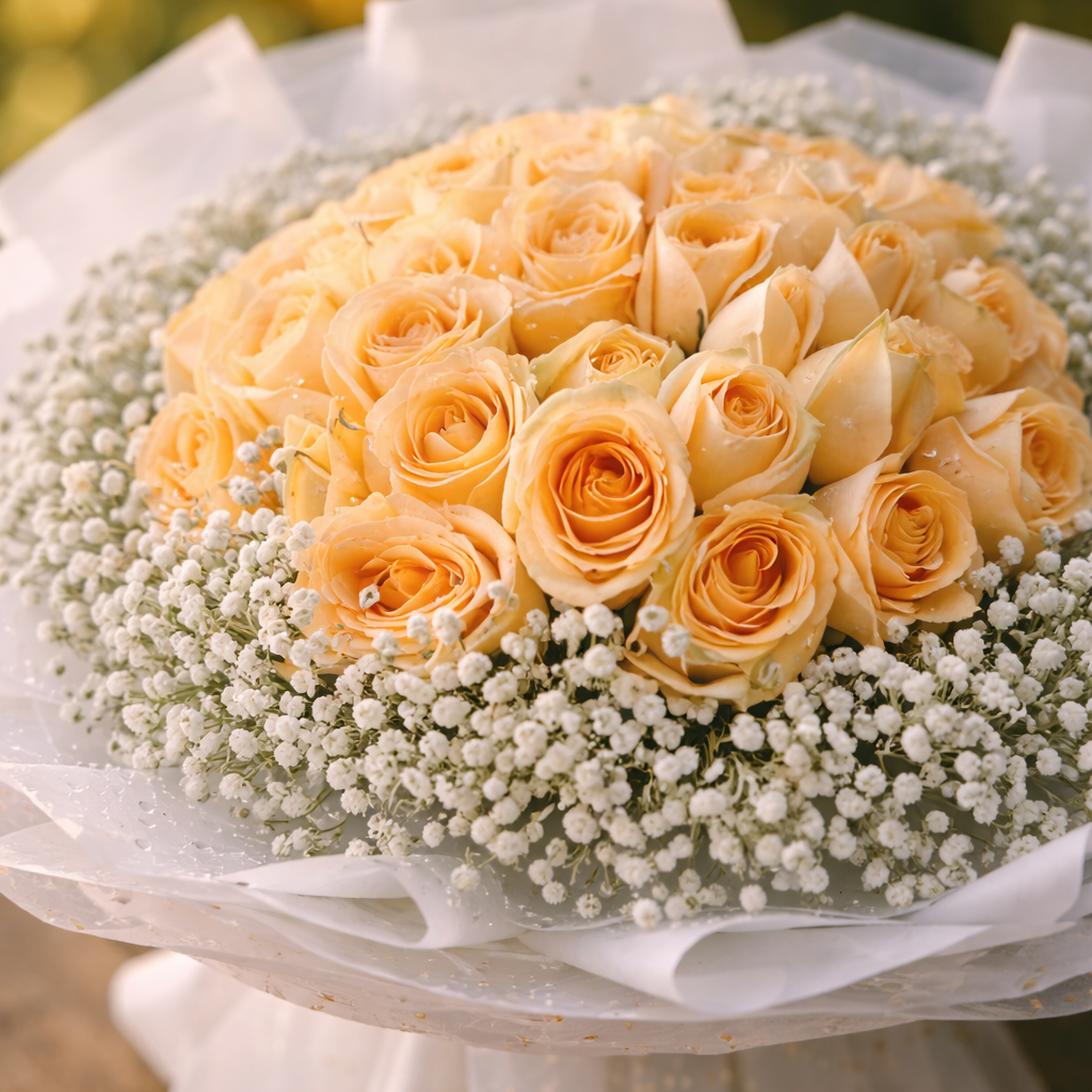 Apricot Grace (Roses, Baby's Breath) | Flower Bouquet