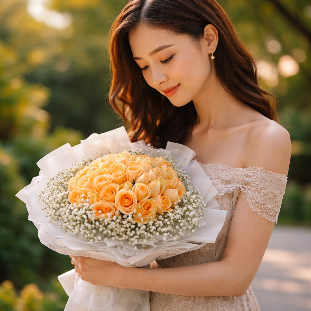Apricot Grace (Roses, Baby's Breath) | Flower Bouquet