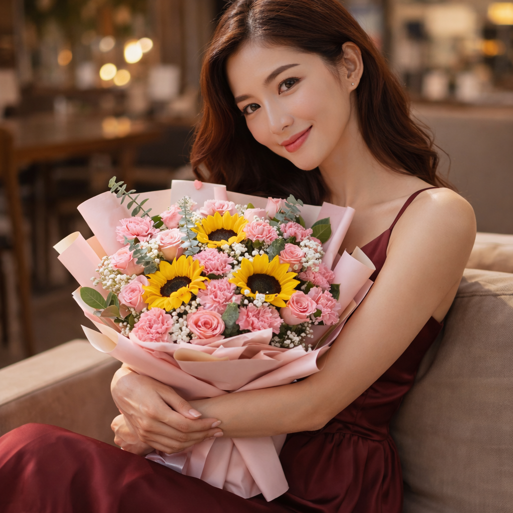 Blush Radiance (Sunflowers, Carnations, Baby's Breath) | Fresh Flower Bouquet