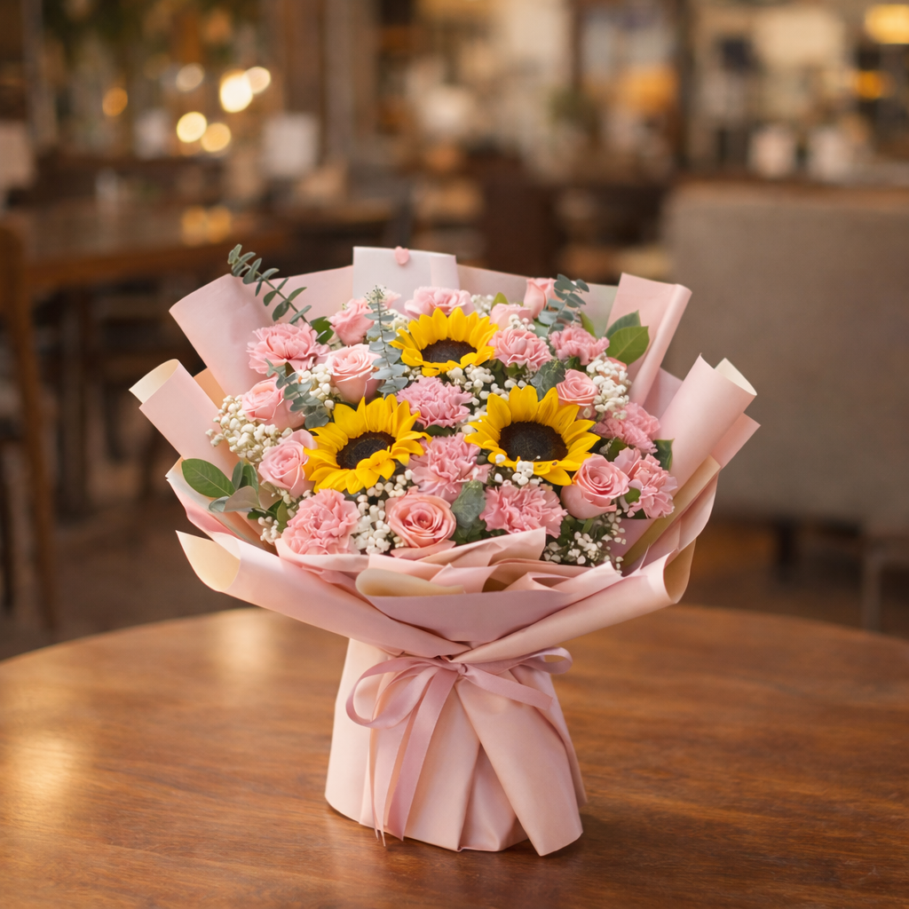 Blush Radiance (Sunflowers, Carnations, Baby's Breath) | Fresh Flower Bouquet