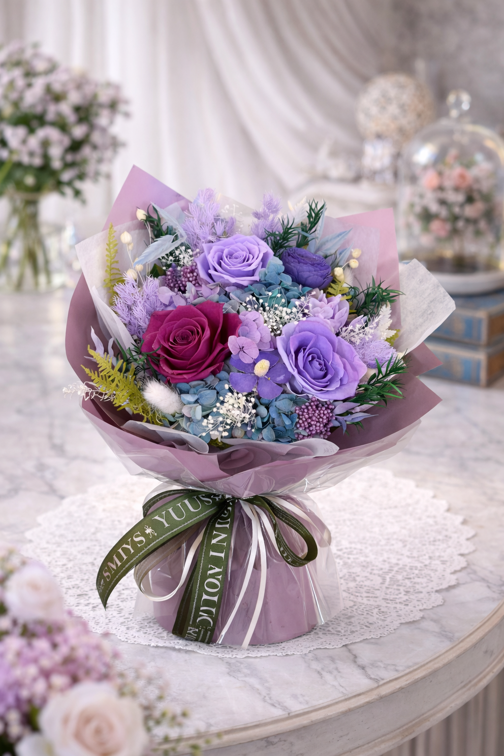 Amethyst Bloom (Hydrangea, Fern, Roses) | Preserved Flower Bouquet