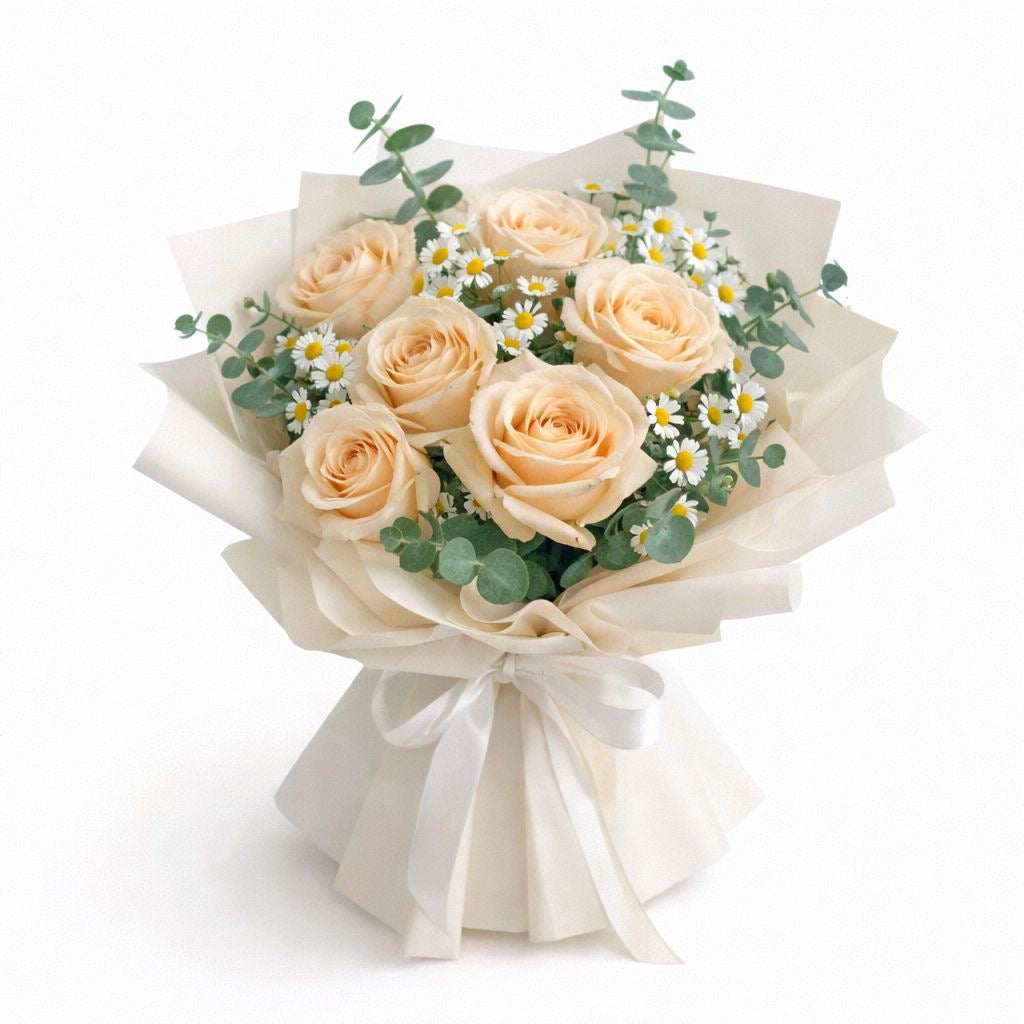 Champagne Whisper (Champagne Roses, Chamomile, Eucalyptus) | Fresh Flower Bouquet