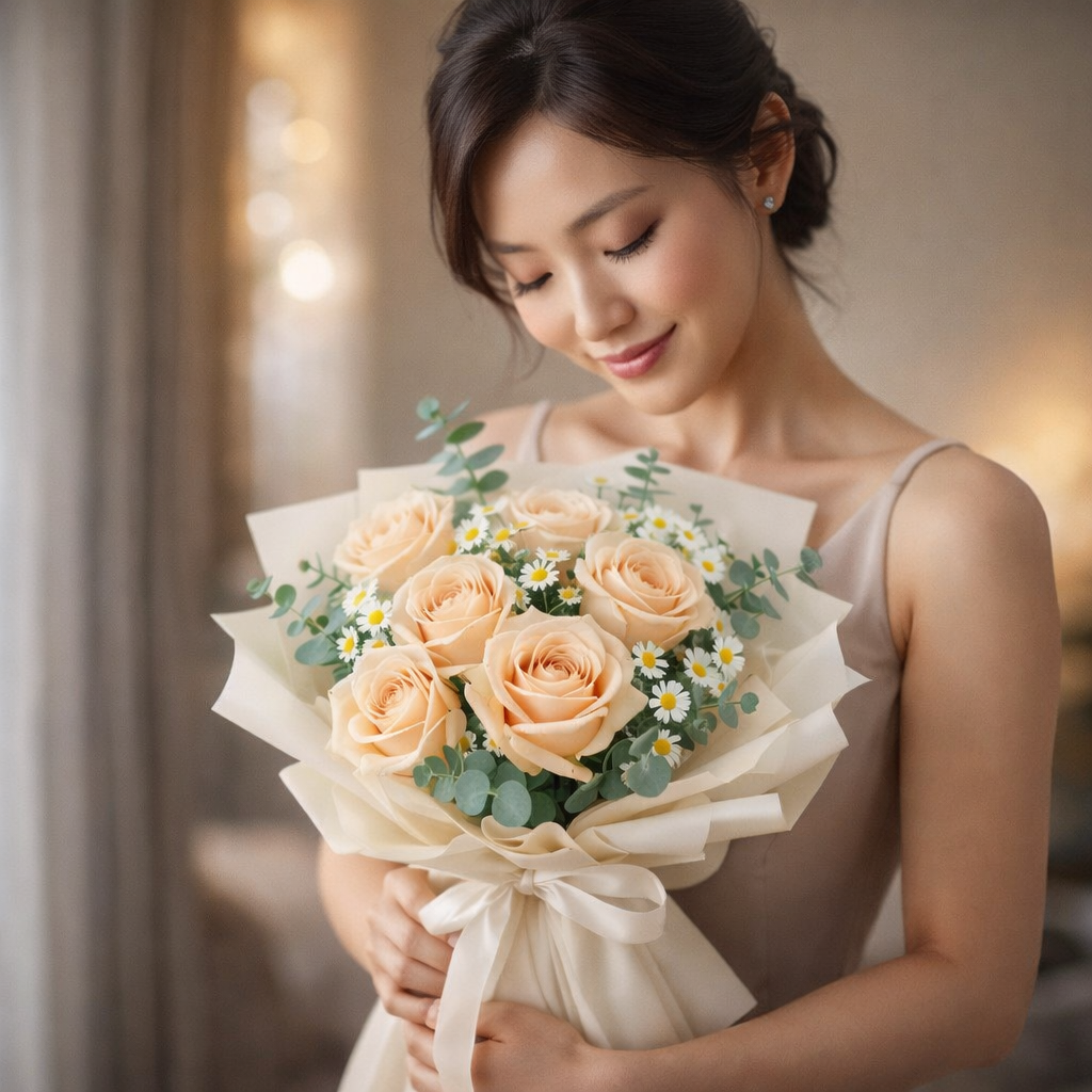 Champagne Whisper (Champagne Roses, Chamomile, Eucalyptus) | Fresh Flower Bouquet
