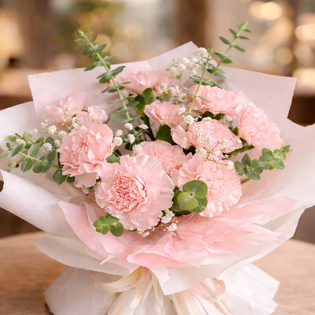 Blush Whimsy (Carnations, Baby’s Breath, Eucalyptus) | Fresh Flower Bouquet