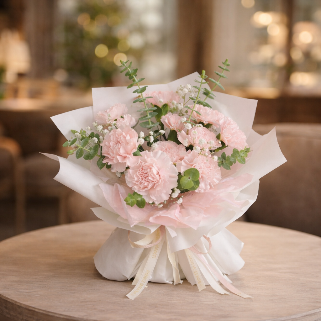 Blush Whimsy (Carnations, Baby’s Breath, Eucalyptus) | Fresh Flower Bouquet