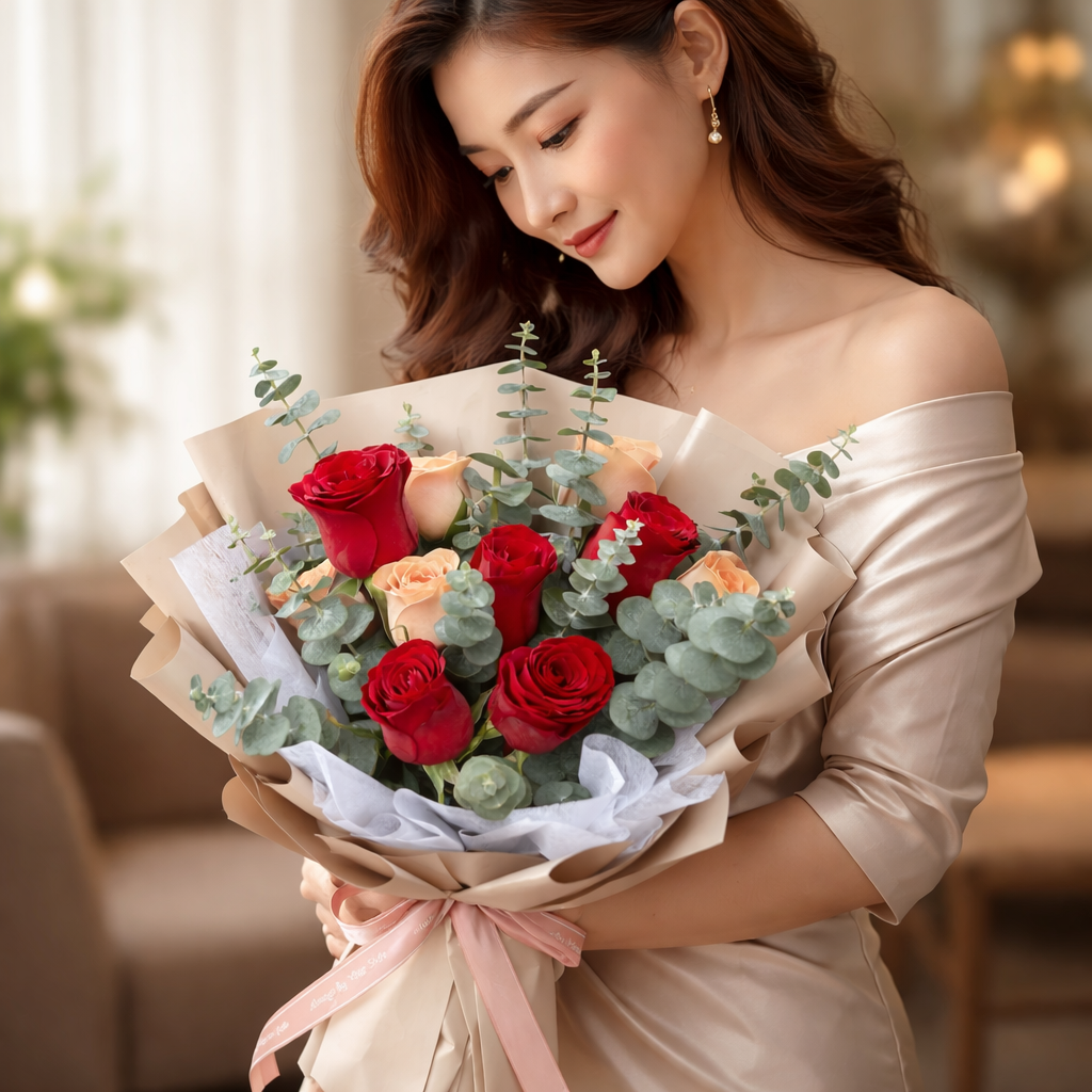 Crimson Chant (Roses, Eucalyptus) | Fresh Flower Bouquet
