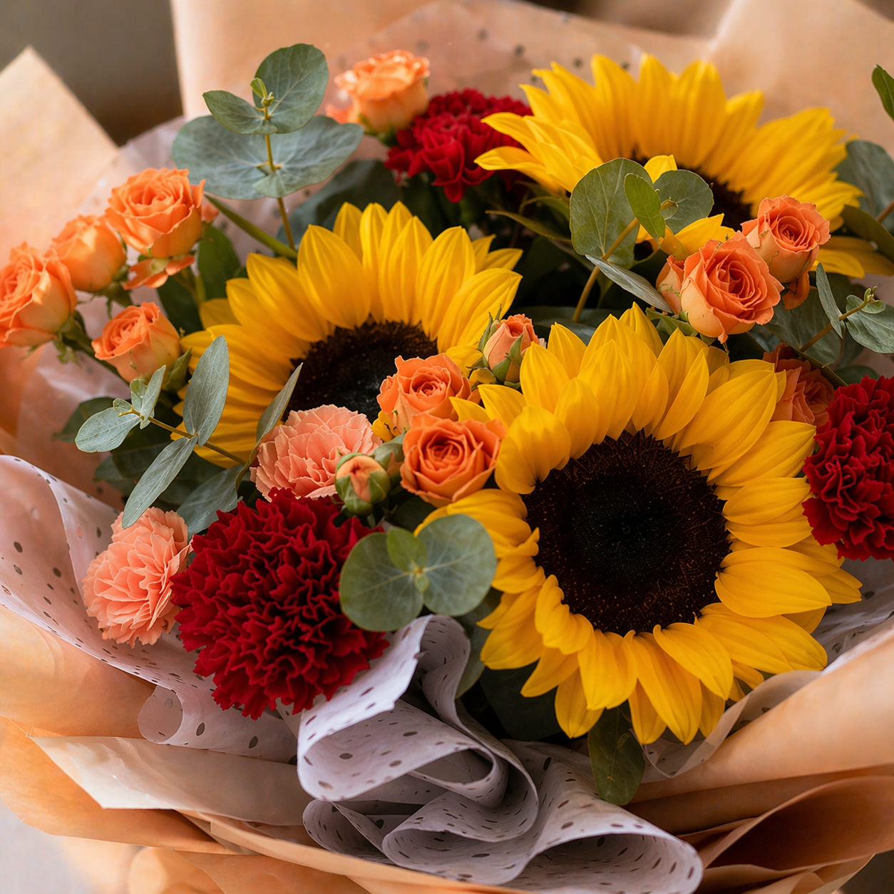 Sunbeam Whisper (Sunflowers, Carnations, Roses) | Fresh Flower Bouquet