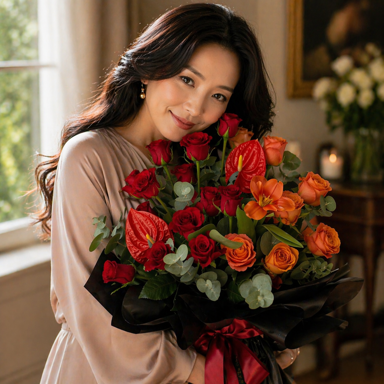 Ember Bloom (Red Roses, Anthurium, Lilies) | Fresh Flower Bouquet
