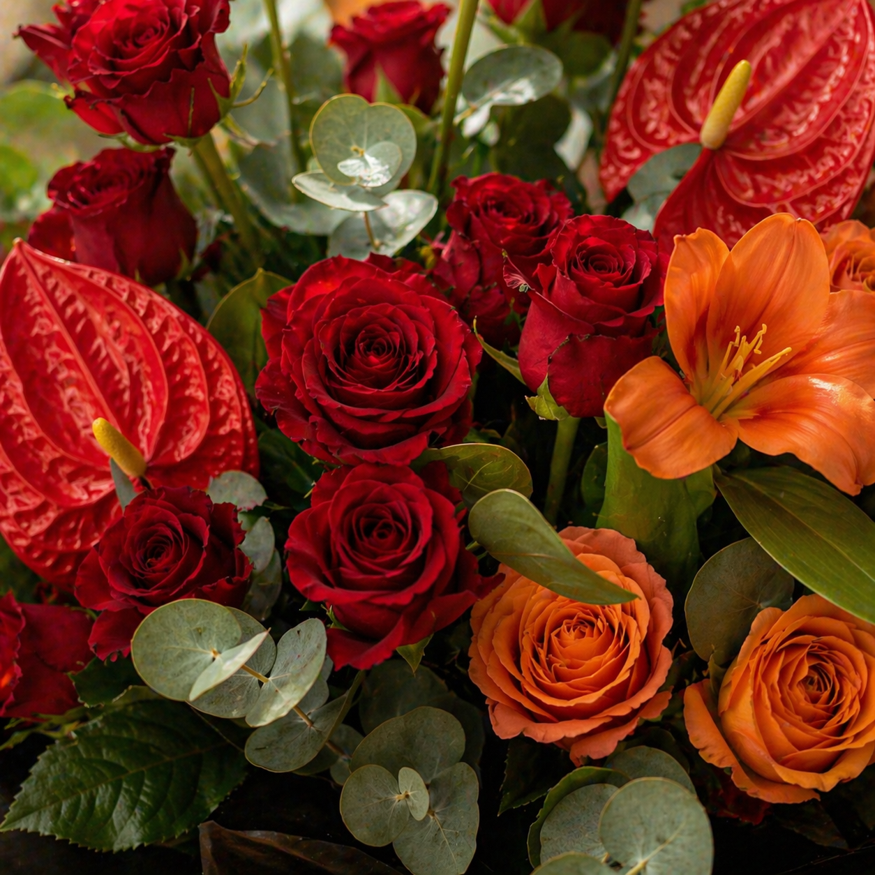 Ember Bloom (Red Roses, Anthurium, Lilies) | Fresh Flower Bouquet