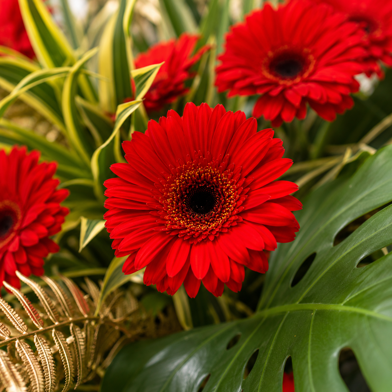 Scarlet Halcyon (Gerberas, Monstera, Palm Leaves) | Grand Opening Stand