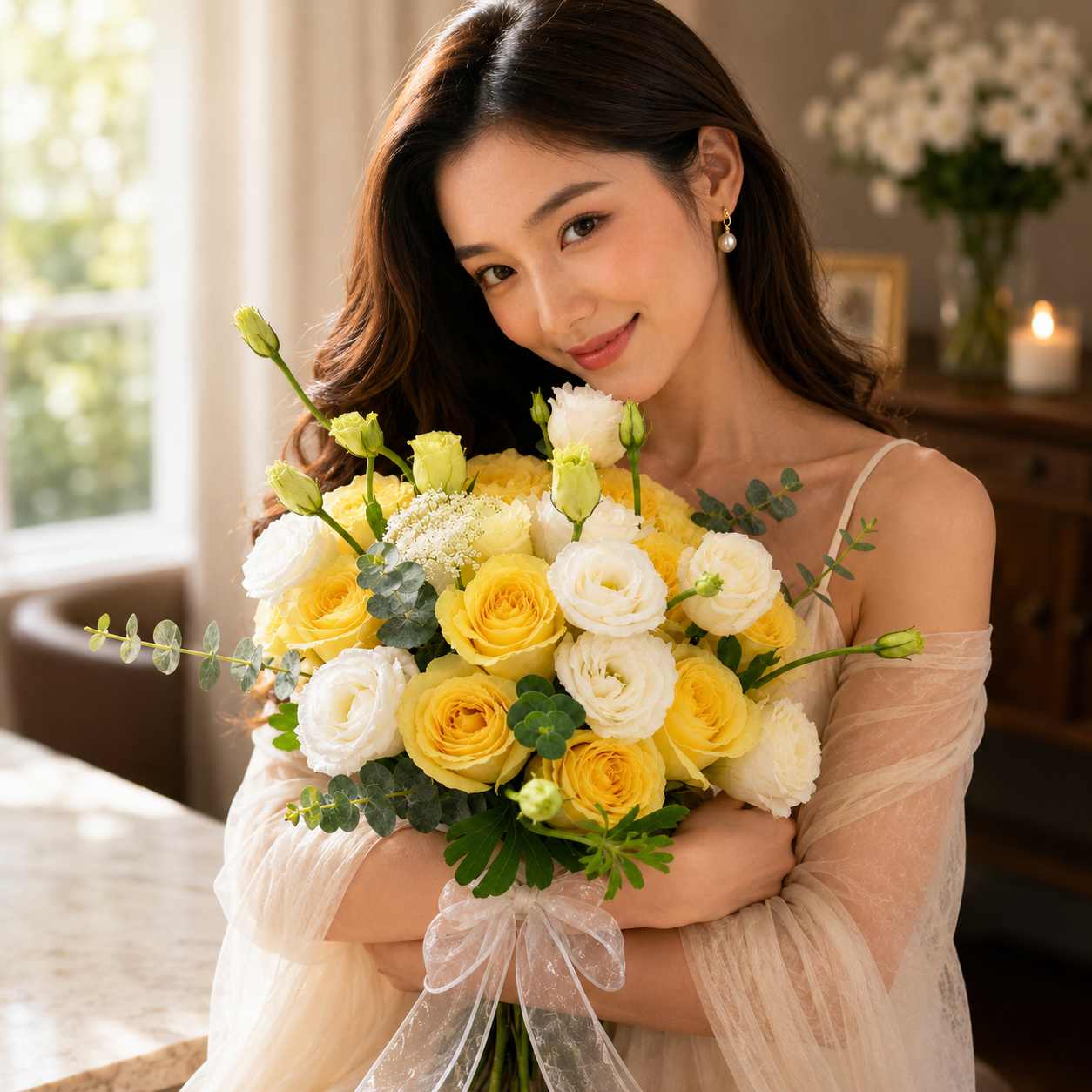 Sunlit Reverie (Roses, Eucalyptus Leaves) | Flower Bouquet