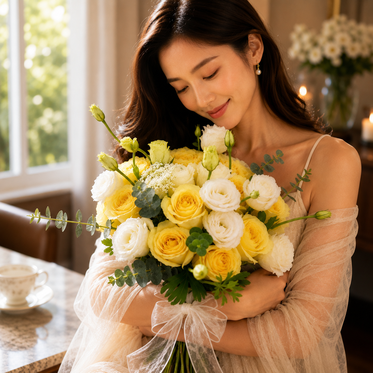 Sunlit Reverie (Roses, Eucalyptus Leaves) | Flower Bouquet