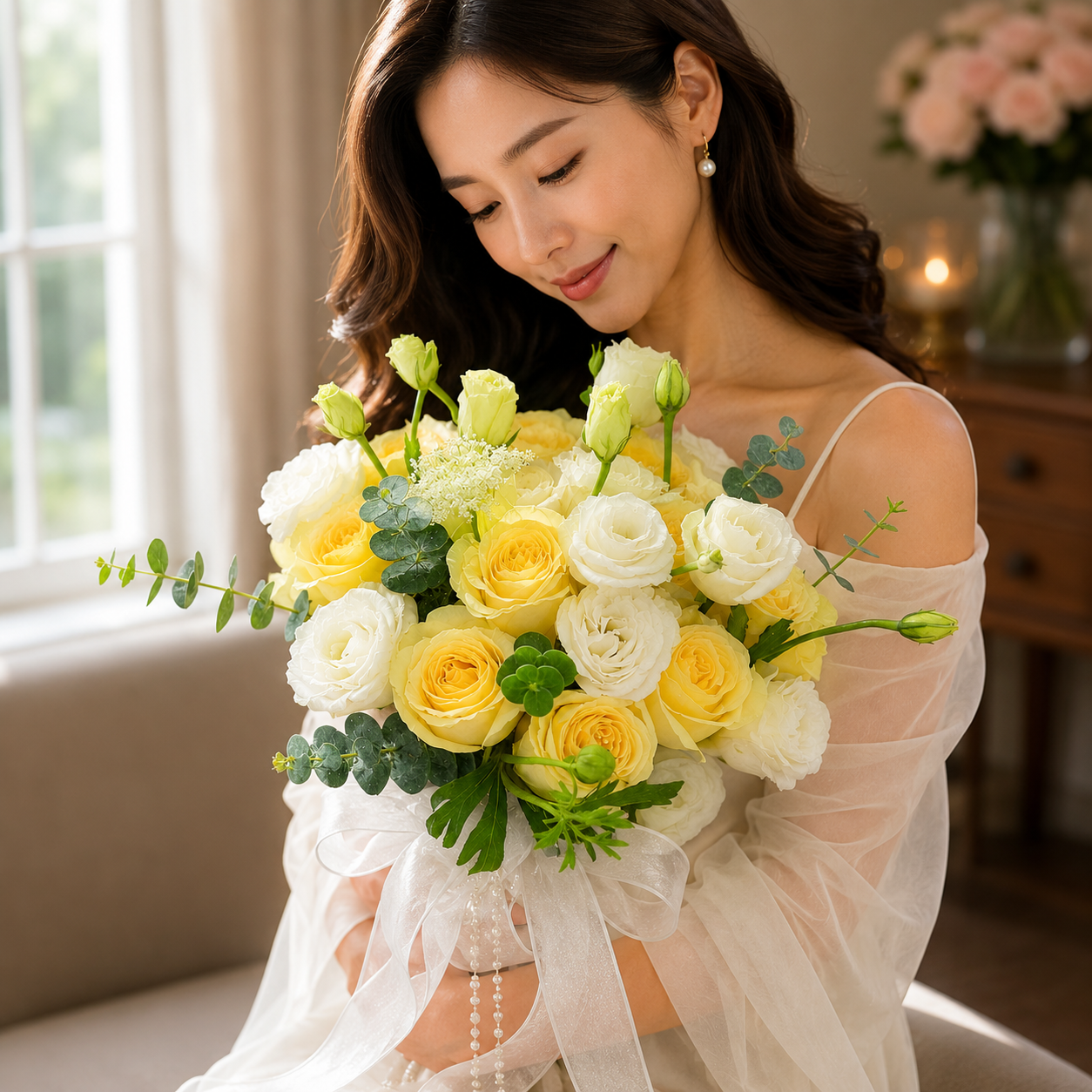 Lemon Veil (Roses, Eustoma) | Flower Bouquet