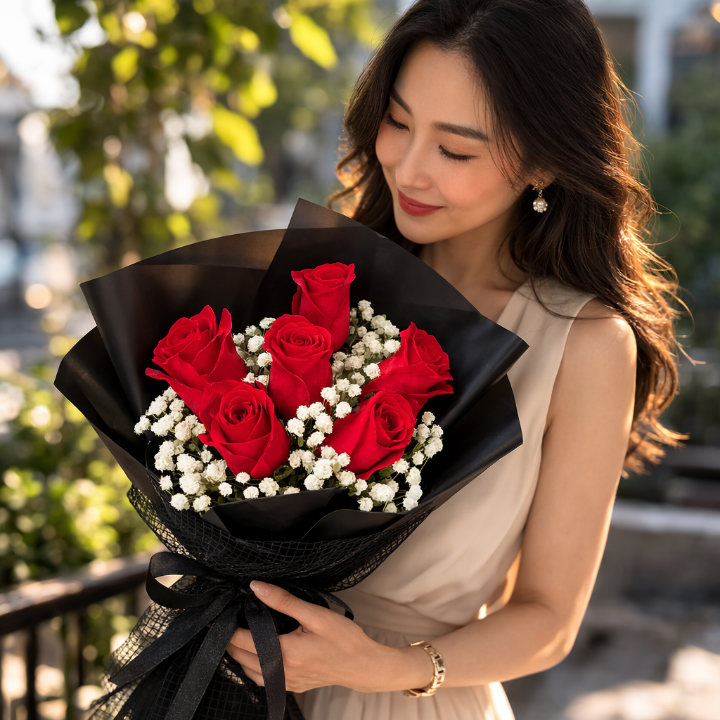 Crimson Note (Roses, Baby's Breath) | Flower Bouquet