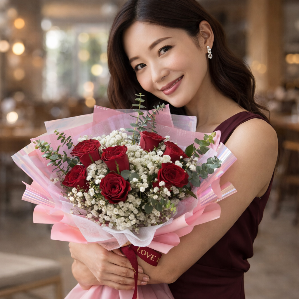 Crimson Whispers (Roses, Baby's Breath) | Fresh Bouquet