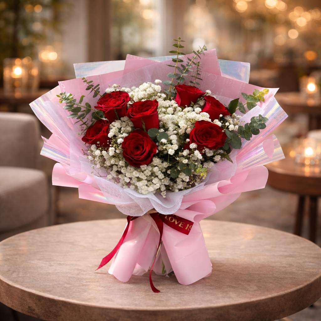 Crimson Whispers (Roses, Baby's Breath) | Fresh Bouquet