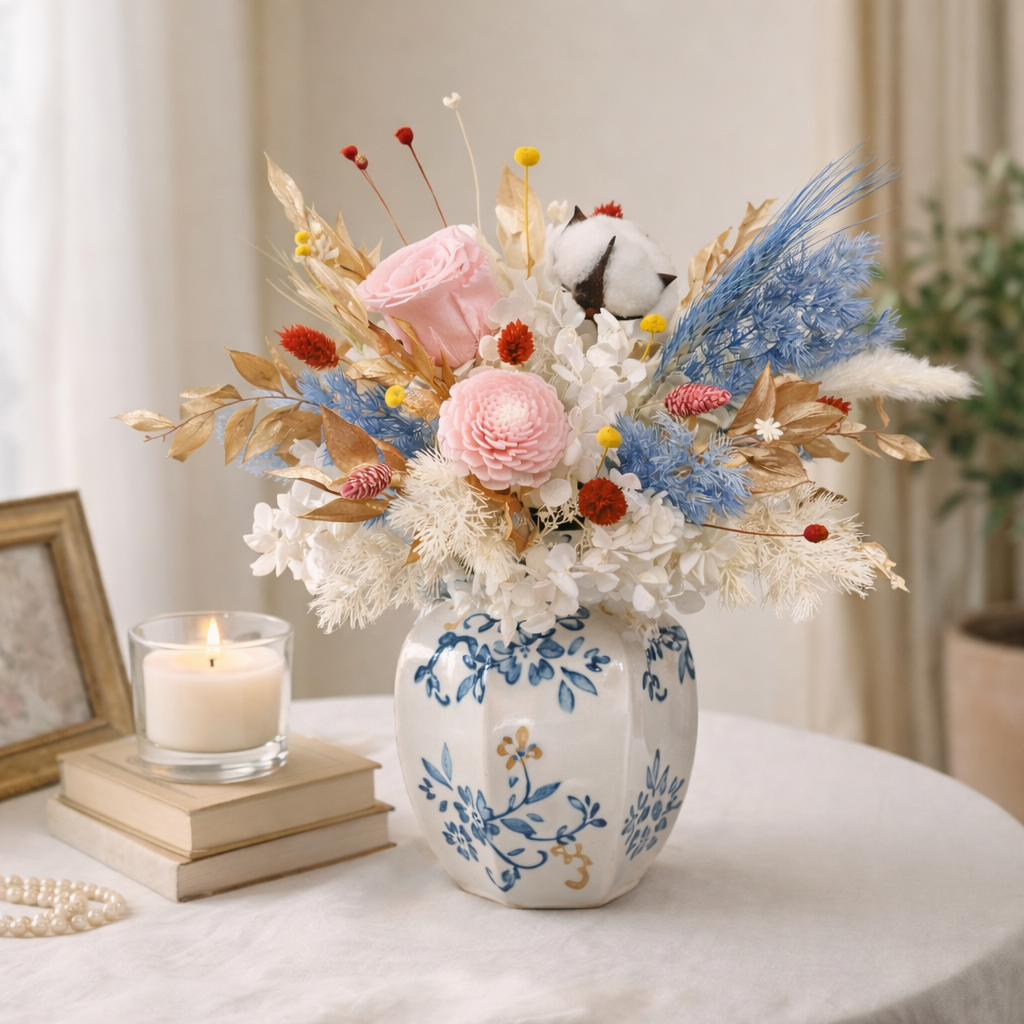 Cerulean Grace (Cotton, Mint Fern, Pink Roses) | Preserved Flower Bouquet