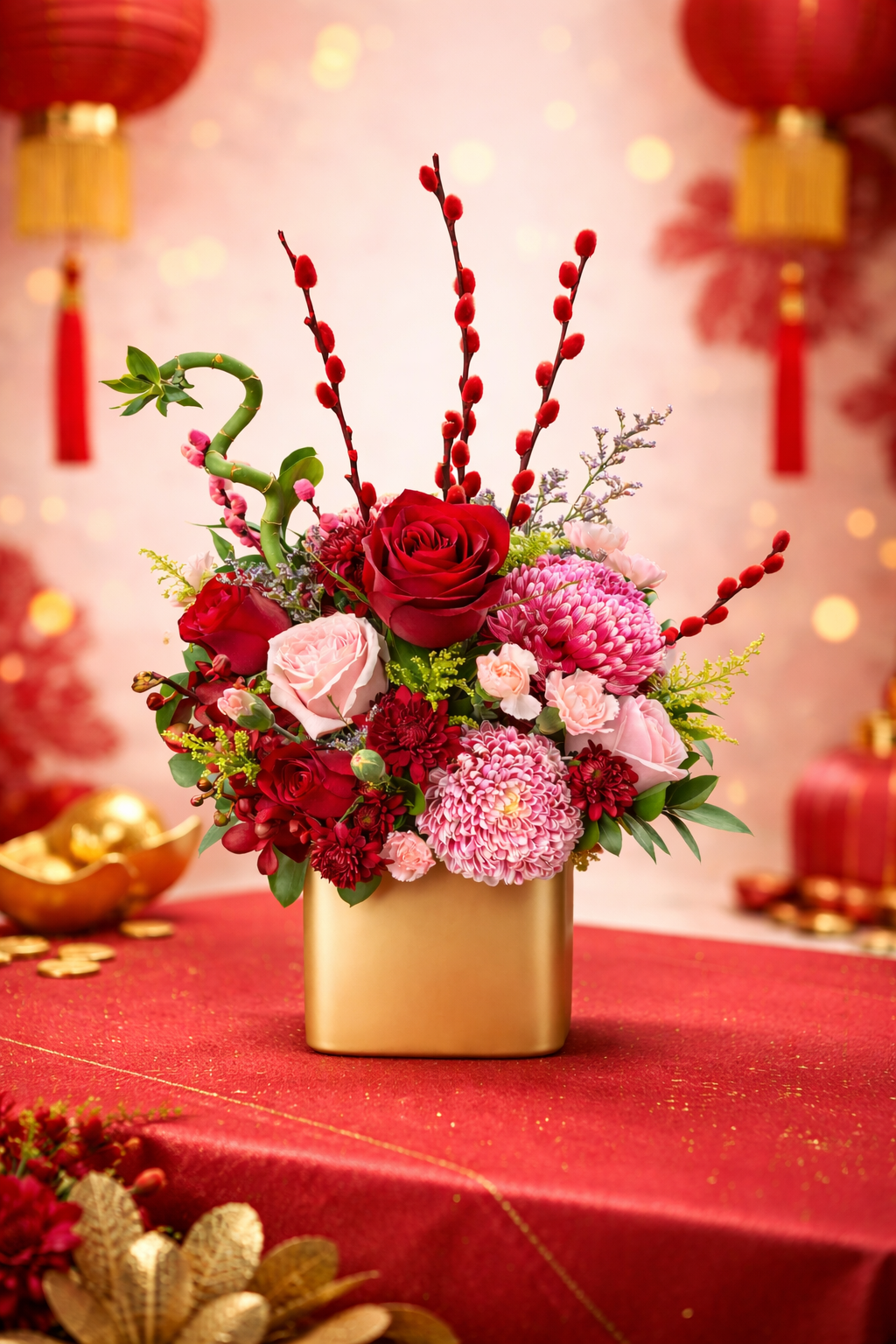 Crimson Fortune (Rose, Chrysanthemum, Bamboo) | CNY Flowers