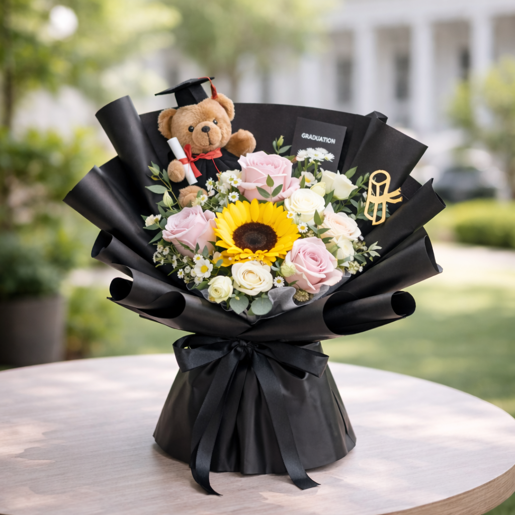 Golden Scholar (Sunflower, Roses, Chamomile) | Fresh Flower Bouquet