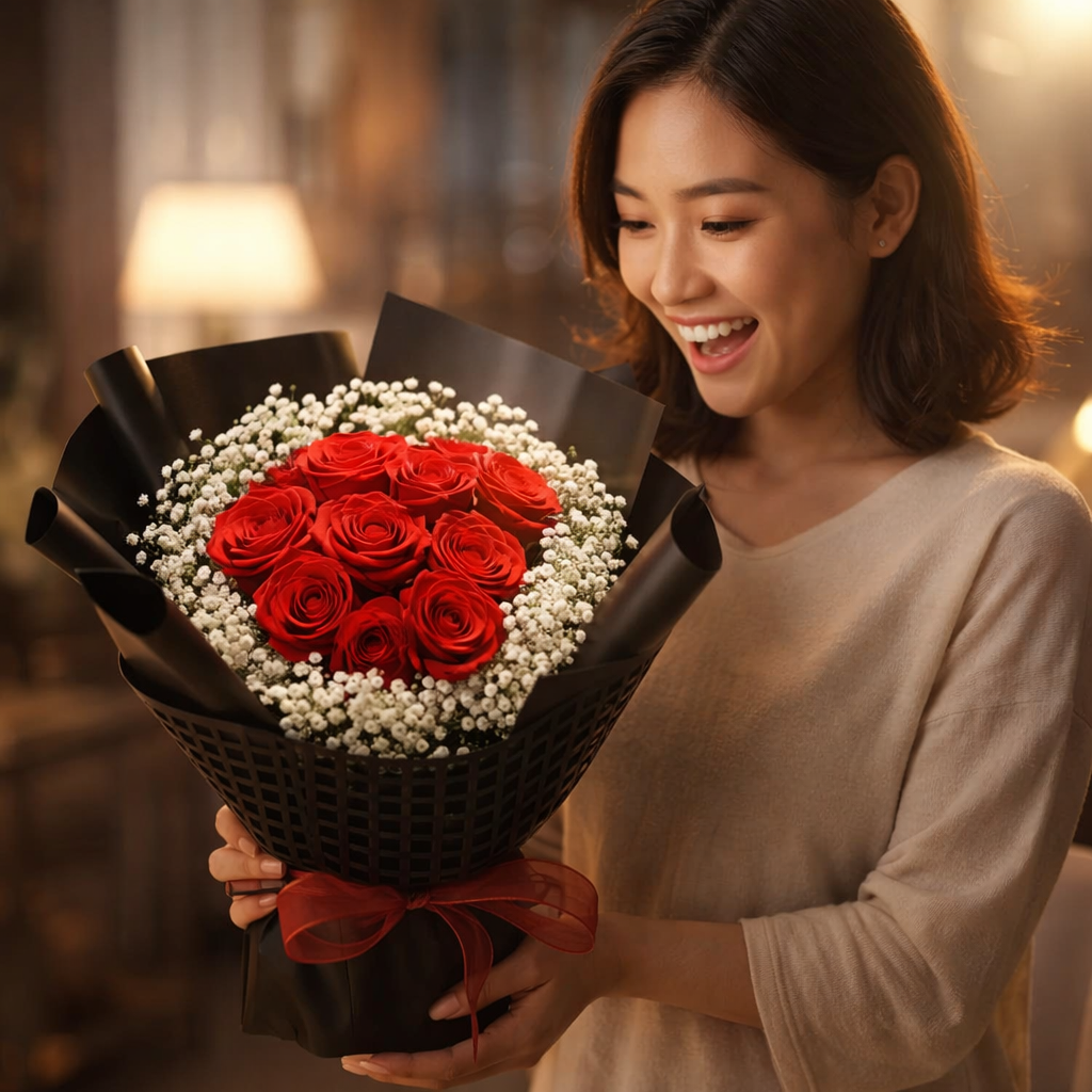 Midnight Devotion (Roses, Baby's Breath) | Fresh Flower Bouquet