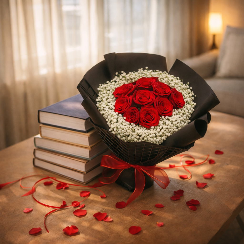 Midnight Devotion (Roses, Baby's Breath) | Fresh Flower Bouquet